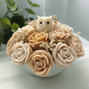 Arreglo floral tazón redondo rosas y búho